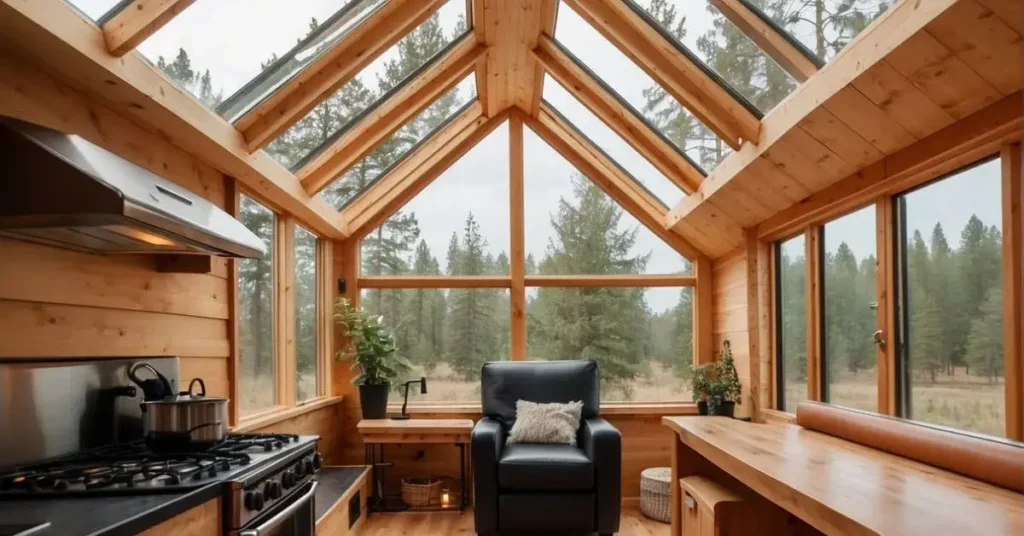 A cozy tiny house with a vaulted ceiling, adorned with exposed wooden beams and skylights, creating an open and airy atmosphere